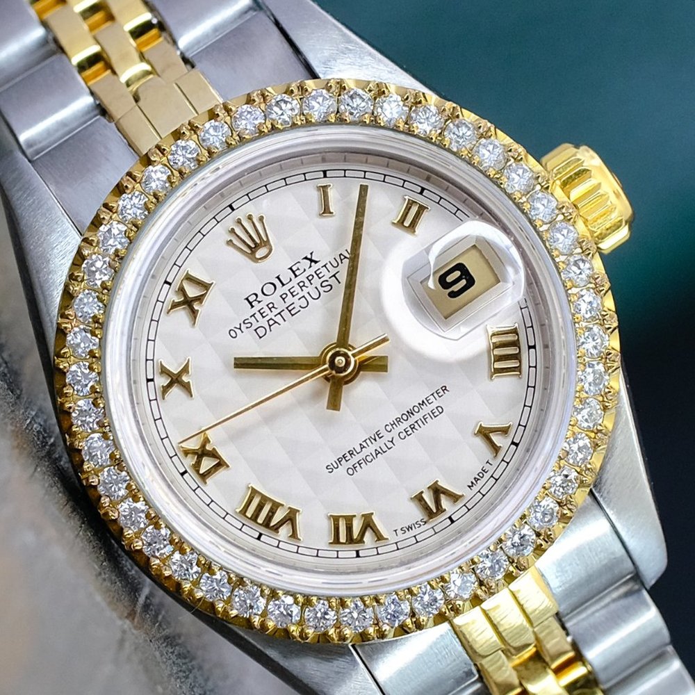 ROLEX LADIES DATEJUST GOLD STEEL CREAM ROMAN DIAL DIAMOND BEZEL 26MM WATCH 69173